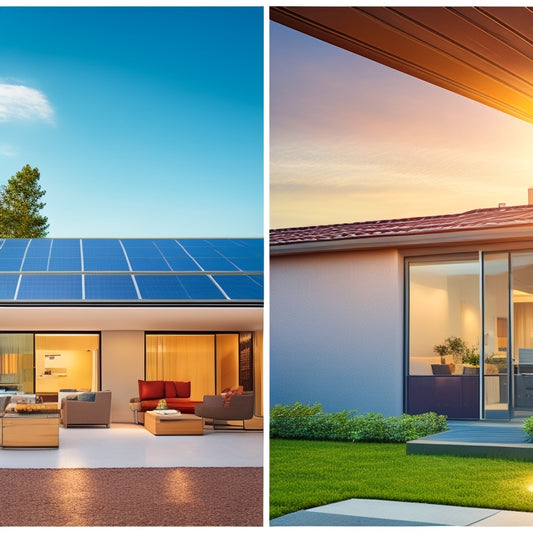 Illustrate a split-screen image: a sunny rooftop with installed solar panels on the left, and a sleek, modern home interior with a battery backup system and a monitor displaying energy usage data on the right.