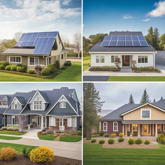 A serene suburban neighborhood with three identical houses, each with a different solar panel installation: one with traditional roof-mounted panels, another with sleek integrated solar roof tiles, and the last with a modern solar carport.