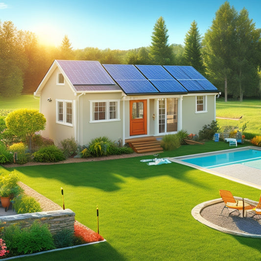 An illustration of a sunny backyard with a lawn and a house, featuring a mix of installed and uninstalled solar panels, with measuring tapes, calculators, and a clipboard nearby.