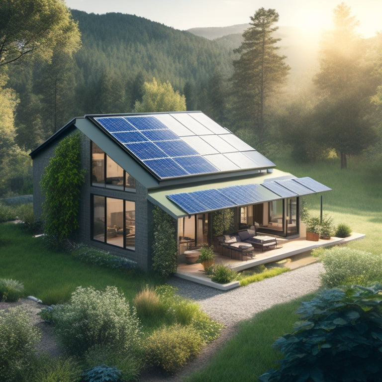 An illustration of a serene off-grid home surrounded by lush greenery, with a rooftop covered in solar panels of varying sizes, and a few panels freestanding in the yard, connected to a battery bank.