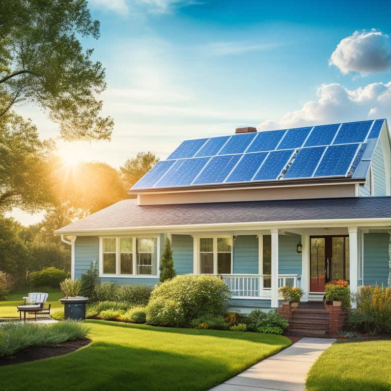 A serene suburban home with a newly installed solar panel array on its rooftop, surrounded by lush greenery, with a ladder and toolbox nearby, under a bright blue sky with a few wispy clouds.