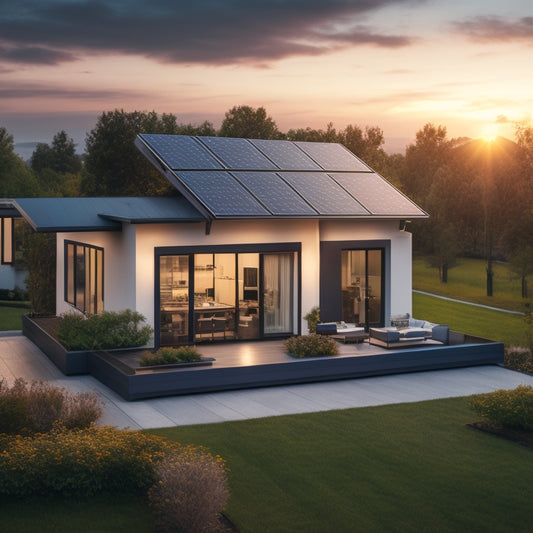 A modern, sleek rooftop with a mix of black and silver solar panels, connected to a compact home battery storage system with a subtle LED glow, amidst a serene suburban landscape.