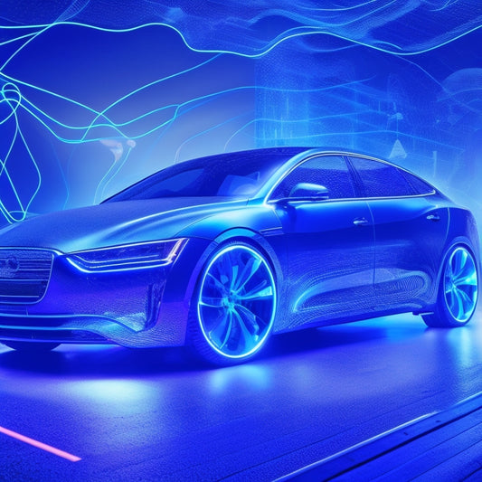 A futuristic, high-contrast illustration of a sleek, silver car with electric blue accents, surrounded by swirling blue sparks, wires, and circuit boards, set against a dark, gradient blue background.