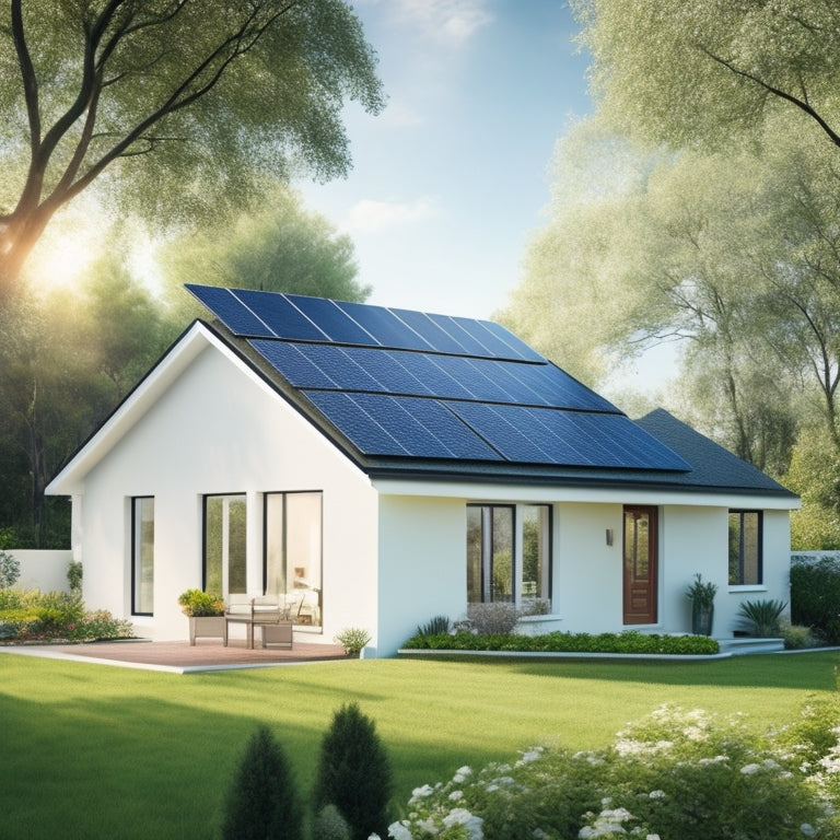 A serene, small, white house with a sloping roof, surrounded by lush greenery, featuring 4-6 sleek, black solar panels installed on the roof, with a bright blue sky in the background.