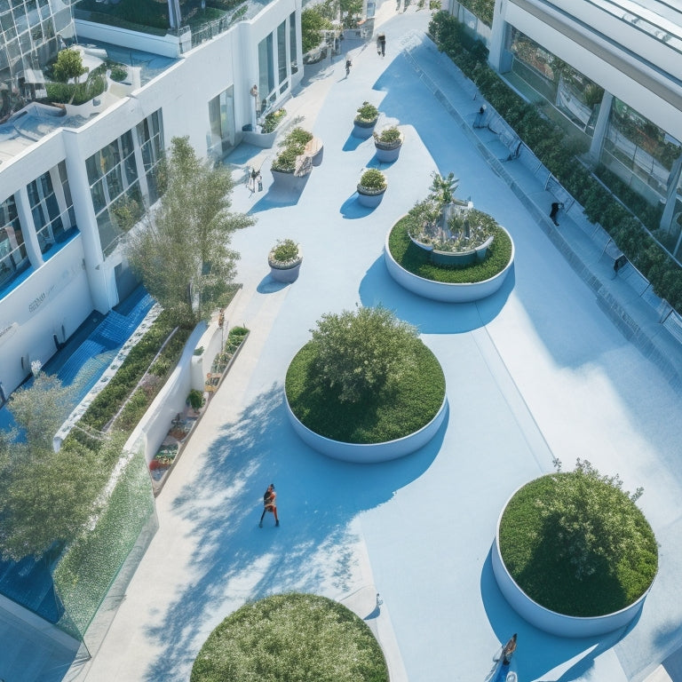 Aerial view of a bustling rooftop mall with lush greenery, modern outdoor furniture, and sleek glass railings, set against a bright blue sky with a few puffy white clouds.