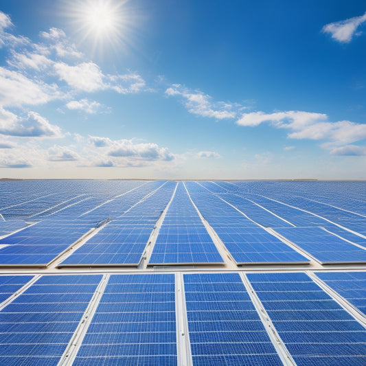 A stylized illustration of a rooftop with various solar panels arranged in different configurations, showcasing different angles, orientations, and layouts, set against a bright blue sky with fluffy white clouds.