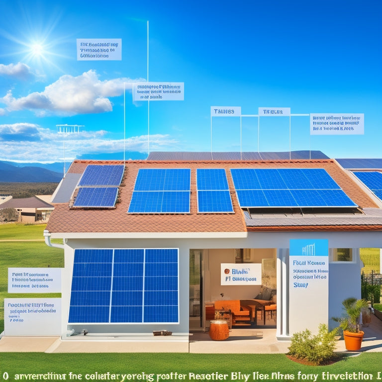 A diagram showcasing a residential rooftop solar panel installation with a battery backup system, including a Tesla Powerwall, inverter, and electrical panel, set against a sunny blue sky with fluffy white clouds.