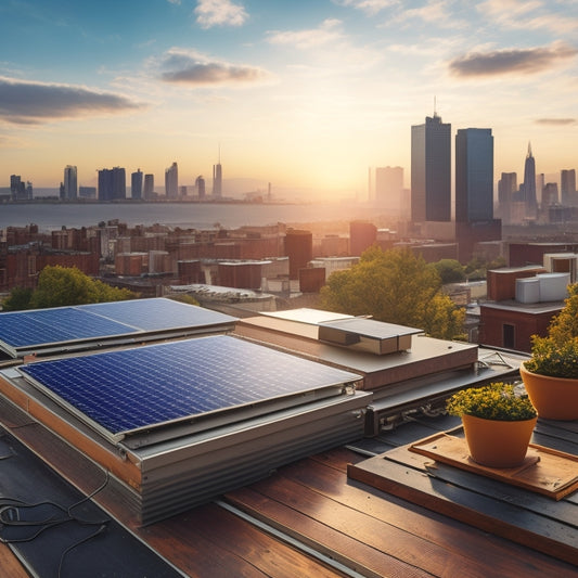 A serene rooftop with a mix of installed solar panels and empty space, surrounded by measuring tapes, calculators, and a subtle cityscape in the background, conveying a sense of cost calculation.