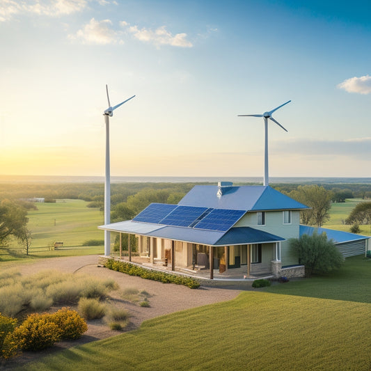 A serene Texas landscape with a single-family home, solar panels installed on the roof, surrounded by lush greenery and a few wind turbines in the distant horizon under a bright blue sky.