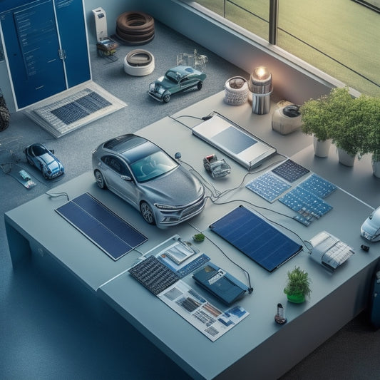 A clutter-free, modern workspace with a sleek, silver car battery in the center, surrounded by four to five solar panels of varying sizes, with cables and connectors neatly arranged.