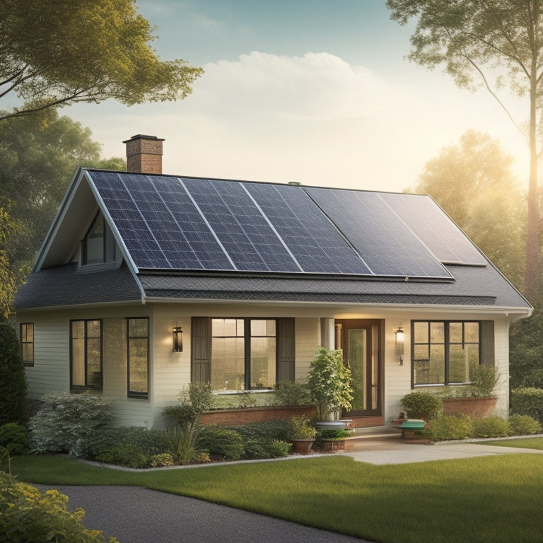 A serene suburban home with solar panels installed on the roof, surrounded by lush greenery, with a subtle sunbeam highlighting the panels and a faint grid of costs/numbers in the background.