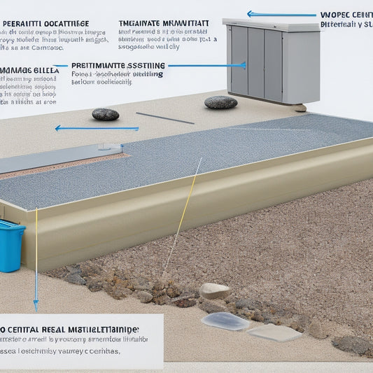 An illustration of a ballast-mounted flat roof mounting system with visual cues indicating limitations: a partially obstructed drain, a buckled or warped roof membrane, and a few loose or displaced ballast stones.