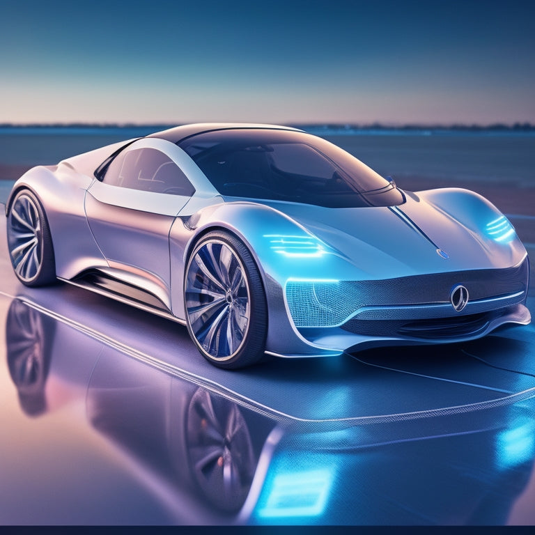 A futuristic, high-contrast illustration of a sleek, silver sports car with opened hood, revealing a shiny, metallic battery with glowing blue circuits, surrounded by miniature solar panels.