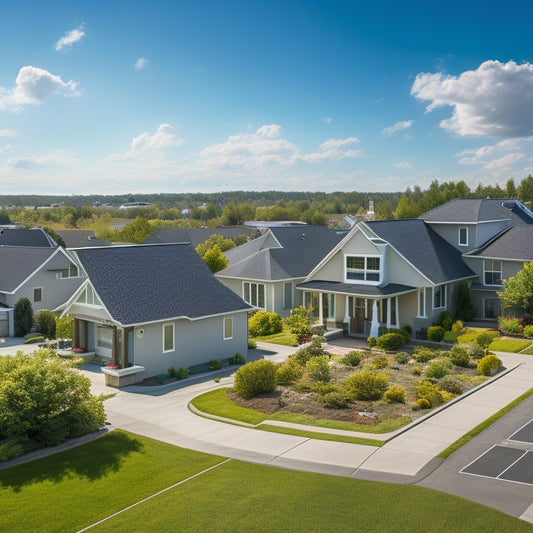 A serene suburban neighborhood with 5-7 homes, each with a unique rooftop solar panel installation, showcasing various sizes, angles, and roof types, under a bright blue sky with a few puffy white clouds.