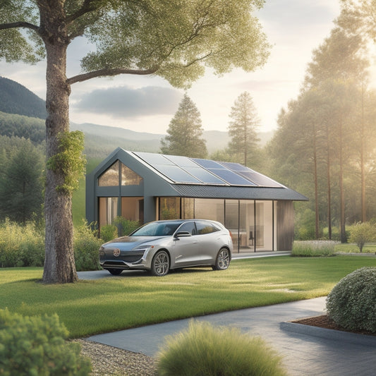 A serene landscape with a sleek, silver electric vehicle parked in front of a modern, eco-friendly home, surrounded by lush greenery, with a subtle solar panel array on the roof.