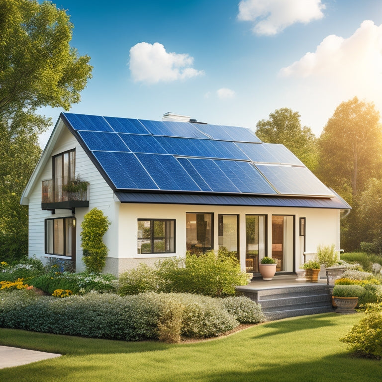 A serene suburban home with solar panels installed on its roof, surrounded by lush greenery, with a bright blue sky and a few fluffy white clouds, conveying a sense of eco-friendliness and energy efficiency.