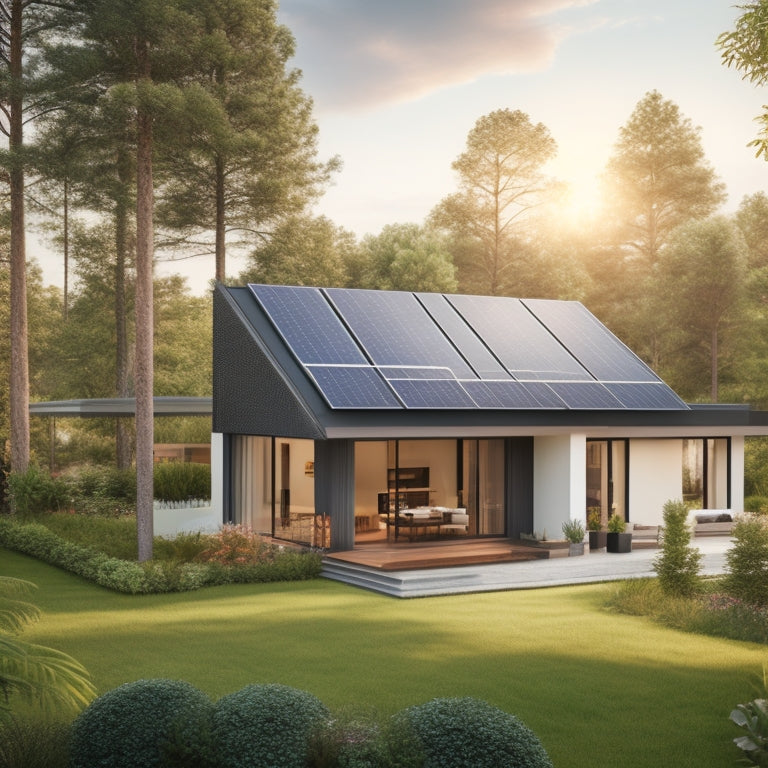 A serene residential landscape with a modern house featuring a sleek solar panel roof, surrounded by lush greenery, with a subtle grid of interconnected energy-efficient appliances in the background.