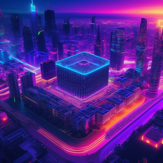 An abstract illustration featuring a cityscape at dusk with skyscrapers and neon lights, showcasing a massive, glowing CPU or motherboard at the center, surrounded by swirling lines and circuits.