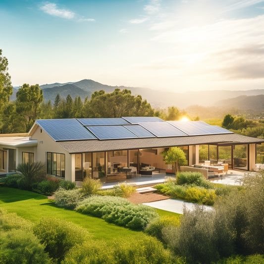 A serene California landscape with a modern single-story home, rooftop solar panels, and a bright blue sky with a few wispy clouds, surrounded by lush greenery and a subtle sunbeam.