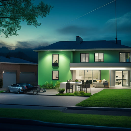 An illustration of a modern home with a backup battery system, featuring a sleek, compact unit with flashing green lights, surrounded by a family safely using devices during a nighttime blackout.