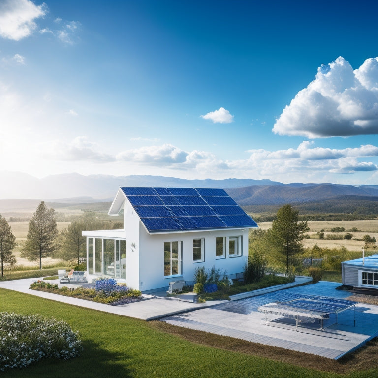 A serene landscape with a modern house in the background, featuring a partially installed floor-mounted solar panel system, surrounded by scattered tools, wires, and a ladder, set against a bright blue sky with fluffy white clouds.