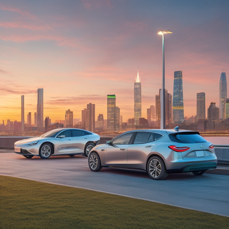 A modern, minimalist illustration featuring a sleek, silver electric vehicle parked in front of a city skyline at dusk, with multiple charging stations in the background, each with a green checkmark or a dollar sign.