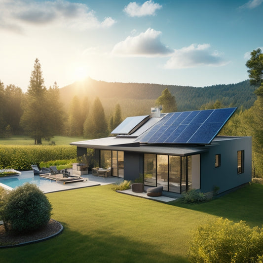 A serene landscape featuring a modern, eco-friendly home with a sleek, black solar array on the roof, surrounded by lush greenery and a bright blue sky with a few wispy clouds.