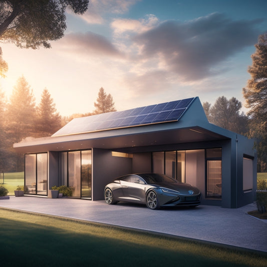 A futuristic illustration of a sleek, modern home with solar panels on the roof, connected to a battery storage system in the garage, showcasing a seamless energy flow.