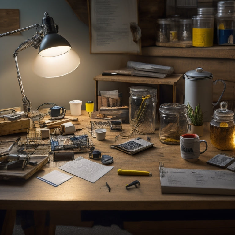 A brightly lit DIY workspace with scattered tools, wires, and solar cells, featuring a half-assembled solar panel kit on a wooden table, surrounded by scattered instructions and a cup of coffee.