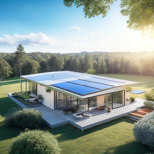 A serene landscape with a modern eco-friendly home featuring a sleek Sun Power Solar System on the rooftop, surrounded by lush green trees and a bright blue sky with a few puffy white clouds.