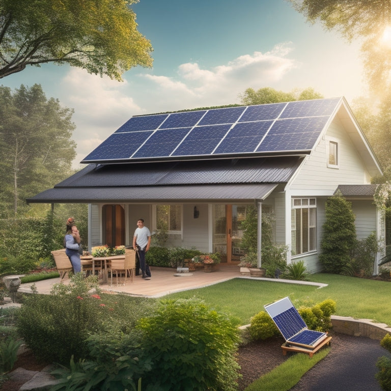 A serene suburban house with a sloping roof, surrounded by lush greenery, featuring a partially installed solar panel array on the roof, with a worker in the background holding a wrench.