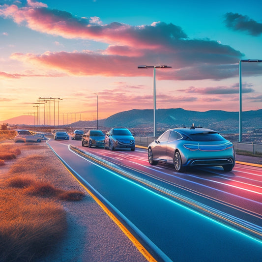 A futuristic cityscape with electric vehicles parked alongside a winding road, surrounded by sleek, modern charging stations with glowing blue lines and circuits, set against a bright, sunny sky.