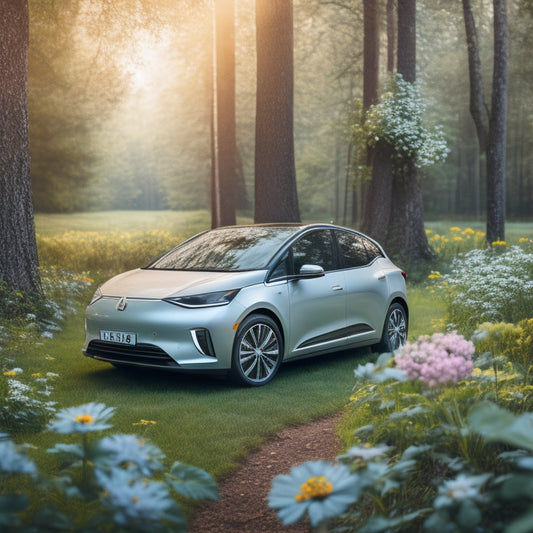 An illustration depicting a sleek, silver electric vehicle parked in front of a lush, green forest, surrounded by blooming flowers and a subtle, shining eco-badge on the car's side panel.