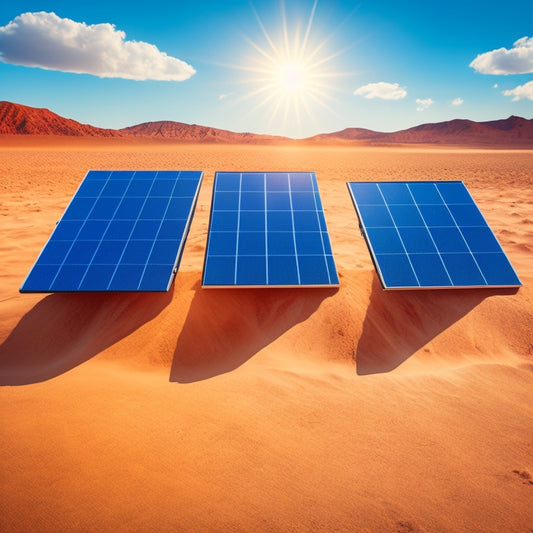 An illustration of three identical solar panels with varying amounts of sunlight, shade, and debris, showcasing different efficiency levels through contrasting brightness, dust, and dirt accumulation.