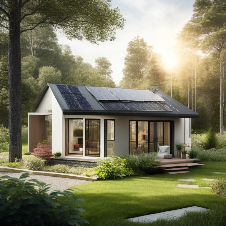 A serene, modern small house with a pitched roof, surrounded by lush greenery, featuring a compact solar array with 6-8 panels, mounted on the roof and a small inverter box on the exterior wall.