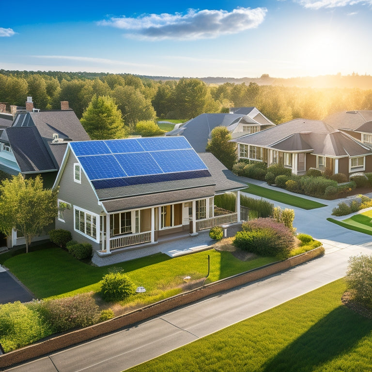 A serene suburban neighborhood with various houses featuring sleek, modern solar panels installed on their rooftops, surrounded by lush greenery and a clear blue sky.