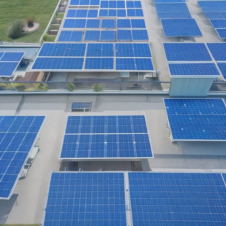 An aerial view of a flat rooftop with various solar panel arrays, each secured with different mounting systems (e.g. ballasted, attached, and hybrid), showcasing diverse installation methods and hardware.