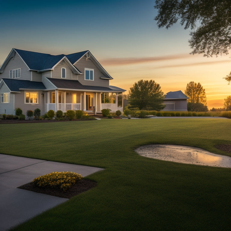 A serene suburban landscape at sunset with a few houses, a "sold" sign in front of one, a subtle hint of a mortgage document on the lawn, and a faint keyhole shape in the sky.