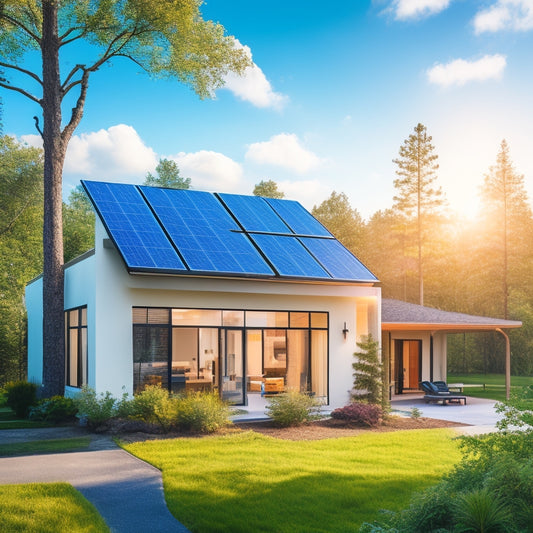 A serene, modern home with sleek solar panels on the roof, surrounded by lush greenery, a bright blue sky, and a subtle sunburst, contrasting with a nearby utility pole with tangled power lines.