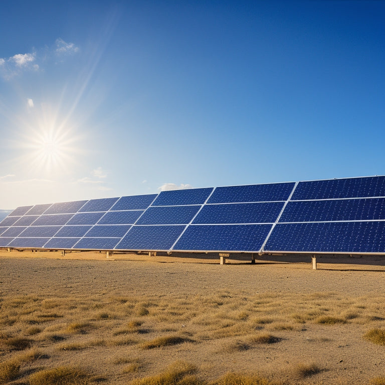 A partially shaded solar panel array with dust and debris accumulated on some panels, while others are clean and angled optimally towards the sun, amidst a bright blue sky with a few fluffy white clouds.