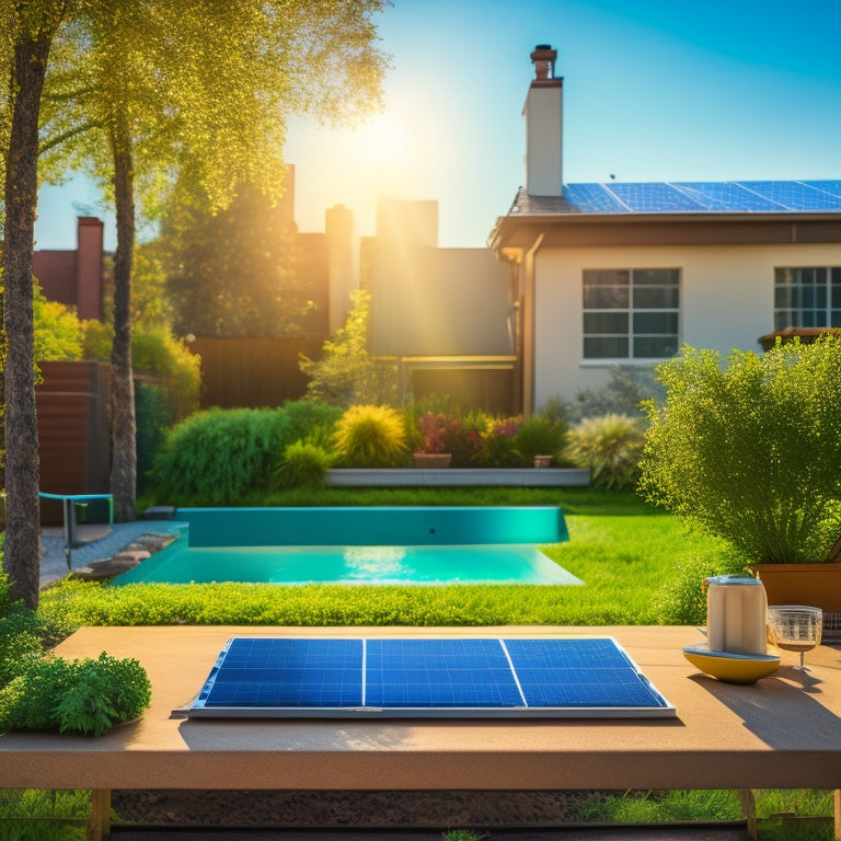 A sunny backyard with a modern solar panel installation, a clipboard with a calculator and papers, and a subtle background of a cityscape with a rising graph, conveying a sense of sustainability and finance.