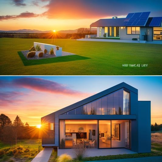 A modern, sleek, eco-friendly home at sunset with rooftop solar panels, a wind turbine, and a smart home hub displaying a dashboard of energy usage and savings on a large screen.