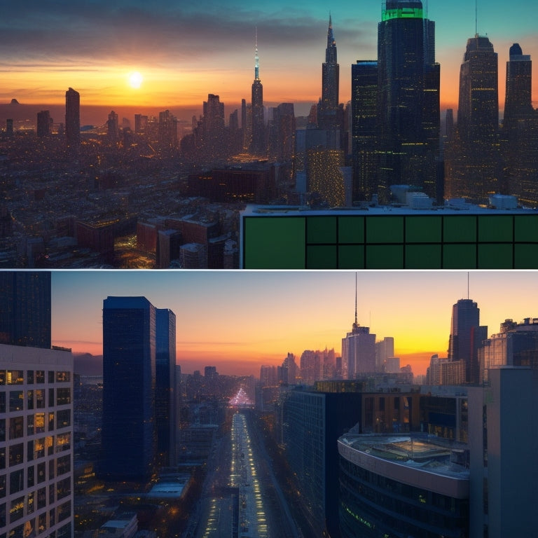 A split-screen image featuring a cityscape at dusk with darkened buildings on one side and a bright, solar-panel-covered rooftop on the other, with a subtle green glow surrounding the panels.