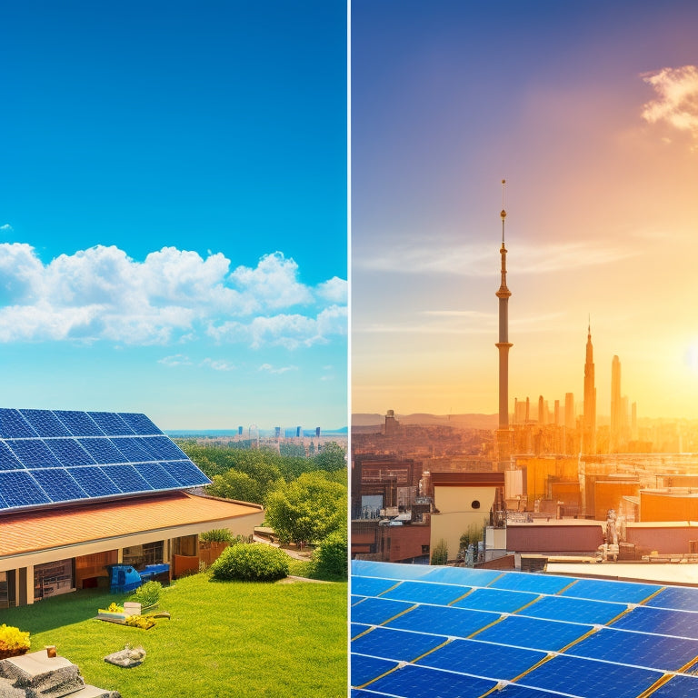 A split-screen image with a sunny sky and a rooftop with solar panels on one side, and a cityscape with varying building sizes and roof types on the other, with scattered icons of money, hammer, and measuring tape.