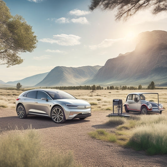 An illustration of a sleek, silver electric vehicle parked in a serene, natural landscape with a compact, foldable solar panel setup in the foreground, connected to the car via a charging cable.