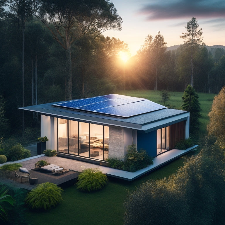 A serene, modern home surrounded by lush greenery, with sleek solar panels on the roof and a futuristic, compact home battery storage system in the foreground, glowing with soft blue light.