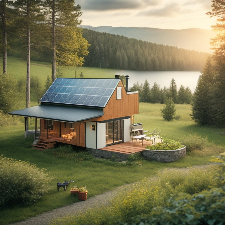 A serene, off-grid cabin surrounded by lush greenery, with a rooftop solar array, a wind turbine in the distance, and a battery bank visible through a window.