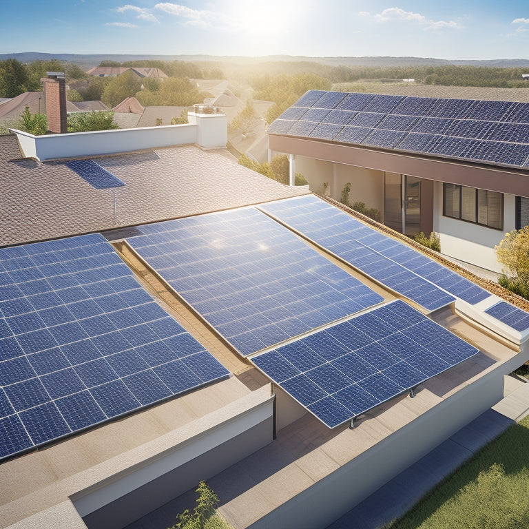 A photorealistic image depicting a residential rooftop with 12-15 solar panels, each measuring approximately 3.5 ft x 5.5 ft, arranged in a staggered pattern, with a subtle shadow effect and a clear blue sky background.