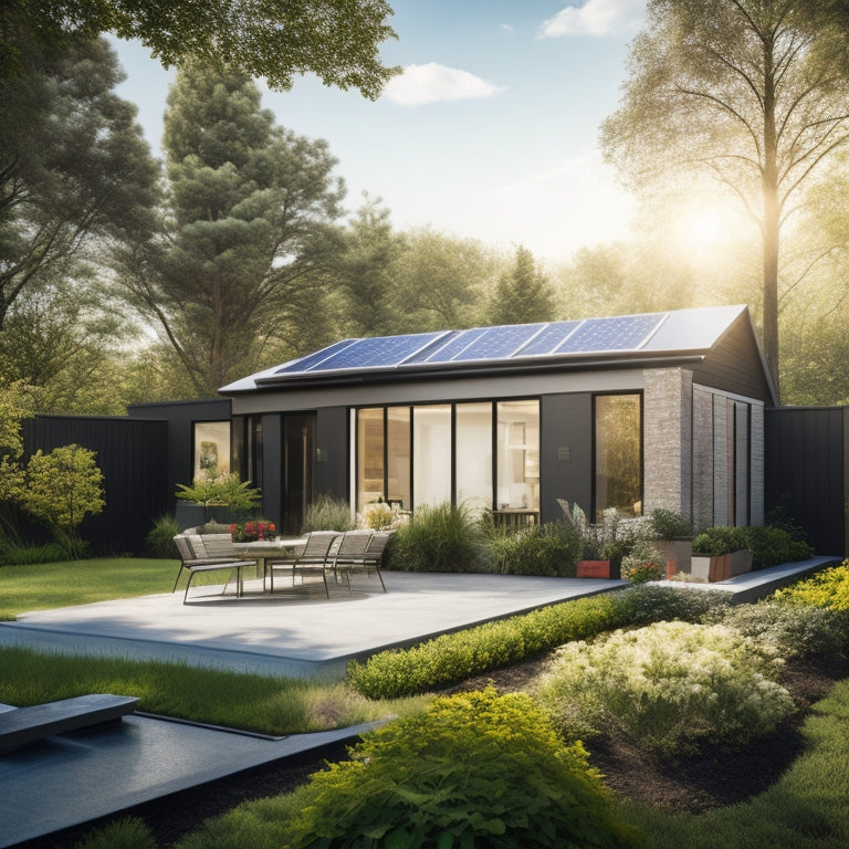 A serene, sunny backyard with a sleek, modern solar panel array installed on the roof, surrounded by lush greenery, with a battery backup system subtly integrated into the exterior wall.