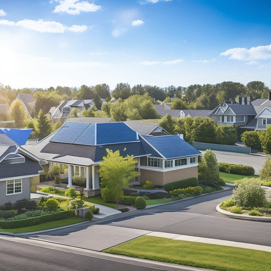 A serene suburban neighborhood with multiple rooftops featuring sleek, black solar panels, surrounded by lush green trees and a bright blue sky with a few puffy white clouds.